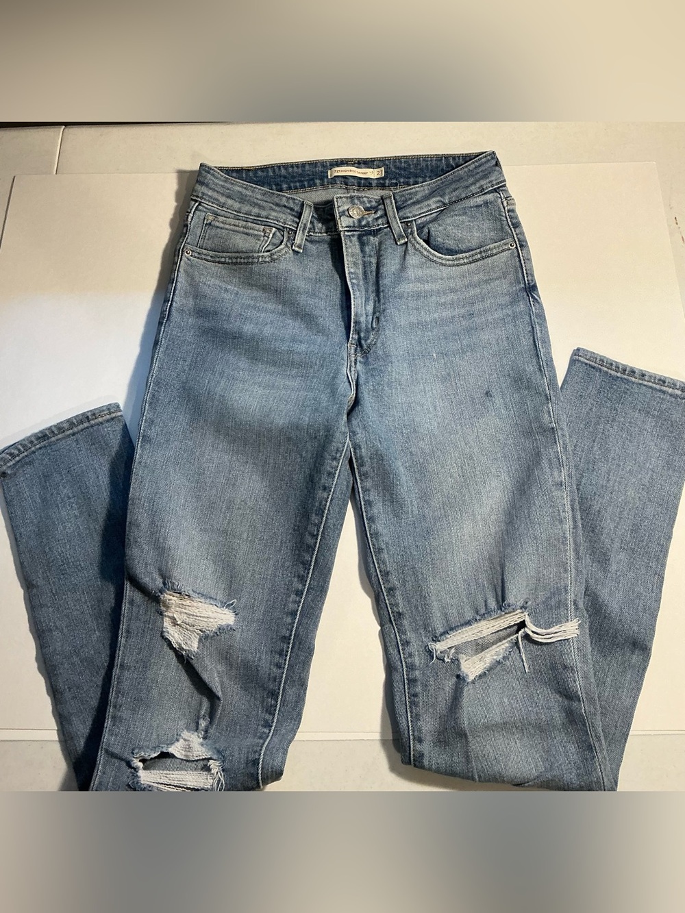 Levi's Light Blue Distressed 721 High Rise Skinny Jeans